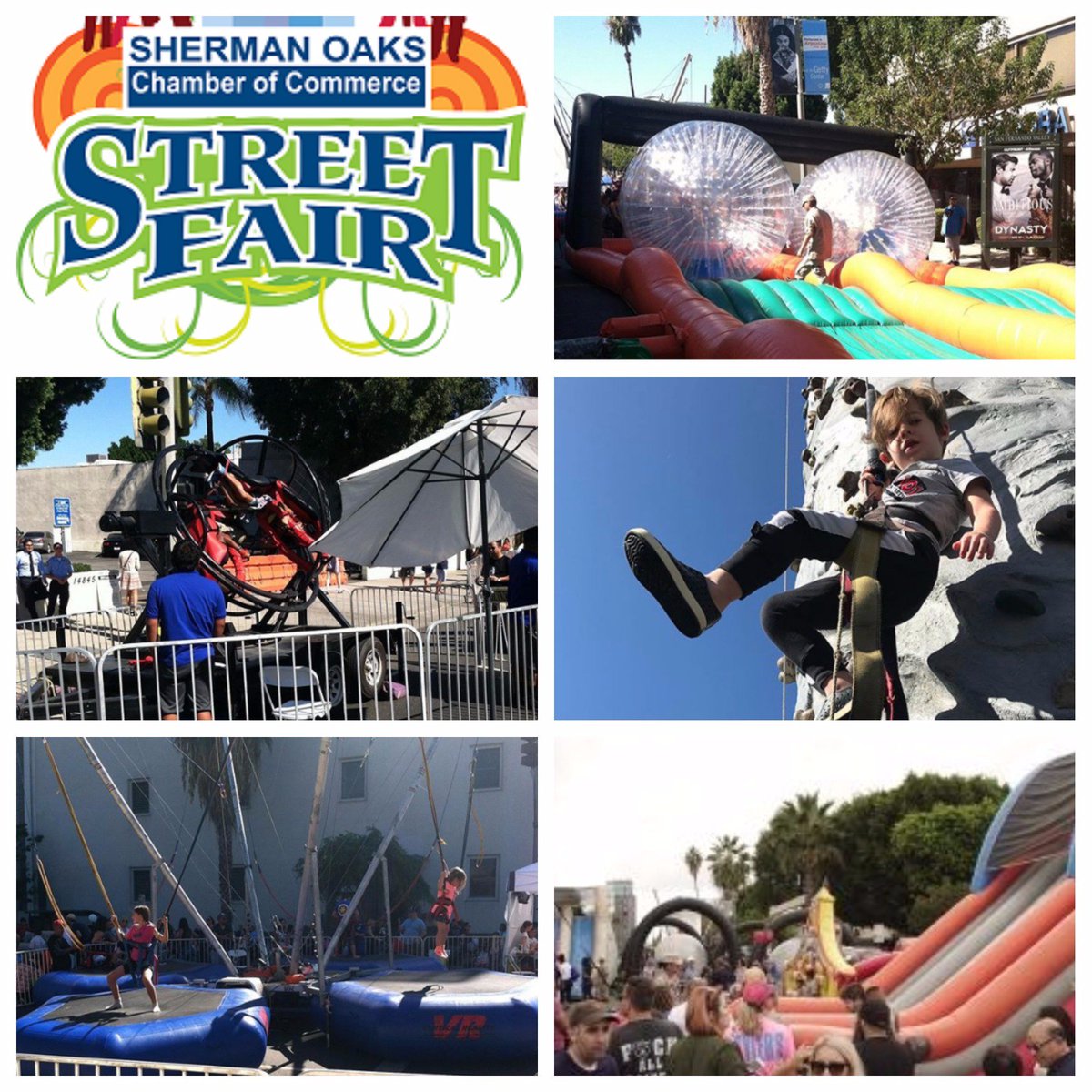 MagicJumpRental's tweet photo. #MagicJumpRentals #WeDeliverFun to #ShermanOaksStreetFair w/#EuroBungee #HumanGyroscope #RockClimbingWall #TripleLaneSlide #ZorbRaceCourse https://t.co/D2i7JRIX6I