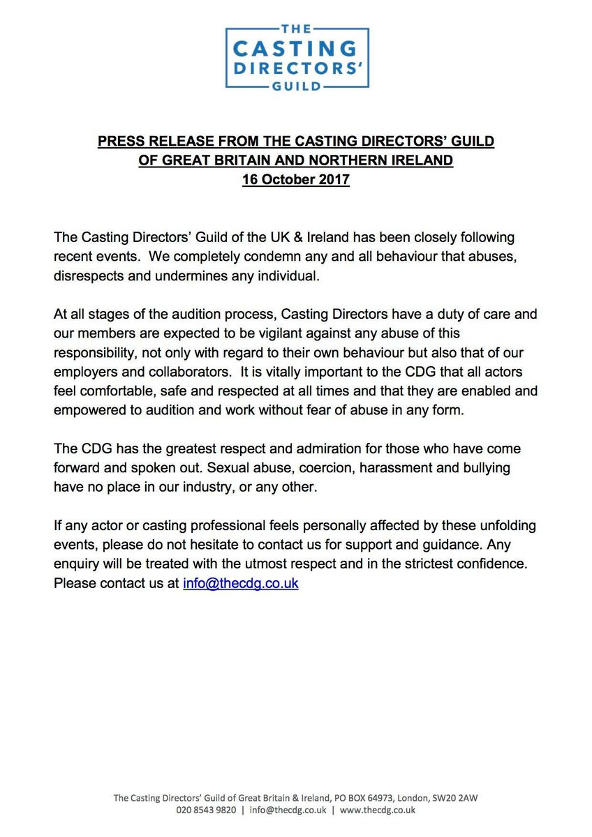 Press Release from The Casting Directors Guild of Great Britain &amp; Northern Ireland