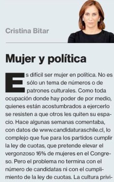 ComunidadMujer's tweet photo. .@cristinabitar en @La_Segunda Es difícil ser mujer en política. Y no es solo tema de números o patrones culturales https://t.co/WoC9jY62fY https://t.co/5N1glhnkY2