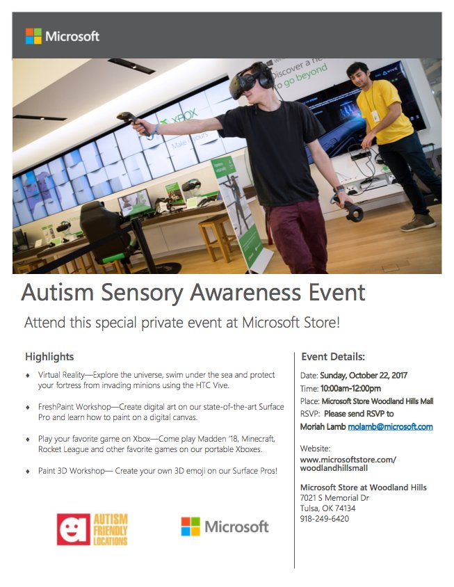 AFLocations's tweet photo. Make 3D emojis, explore Virtual Reality &amp; more at #autismfriendly event w/@MicrosoftStore @WoodlandHillsOK this Sun! #imaok #autismawareness https://t.co/KGuqAN3Z9U