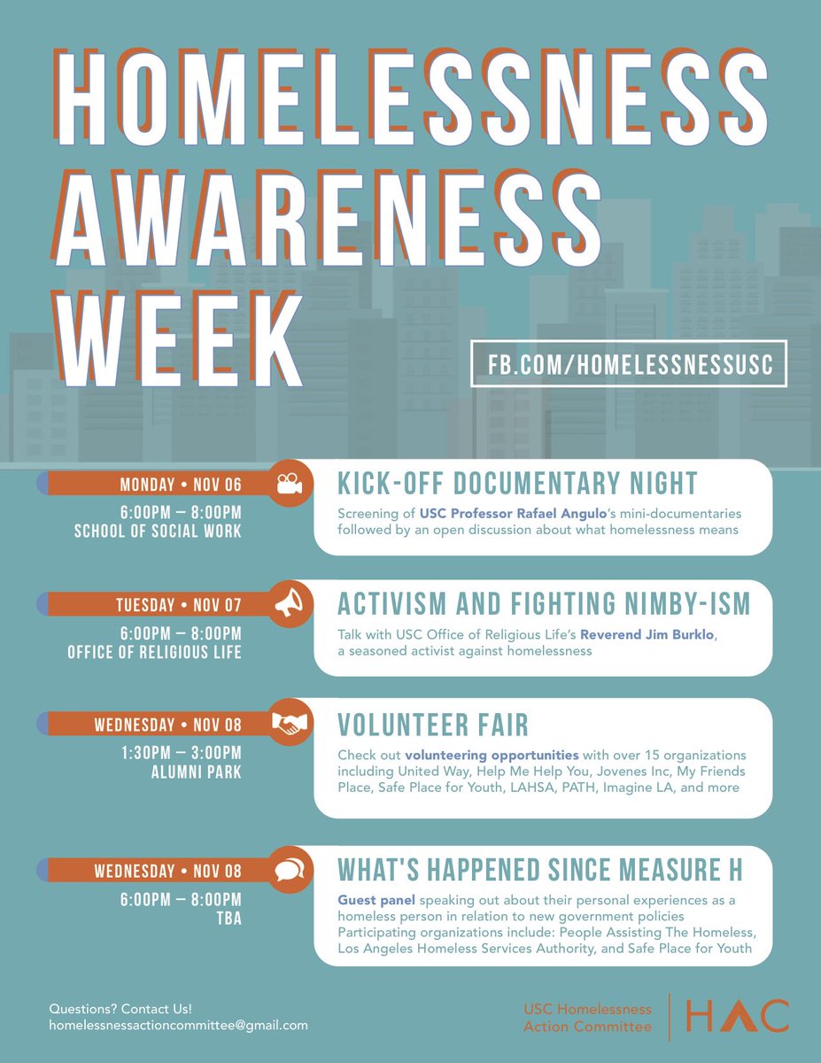 HomelessnessUSC's tweet photo. Hey everyone! Homelessness Awareness Week is coming soon so please join us November 6-8 for the informational events highlighted below☺️ https://t.co/wqEwei1qeQ
