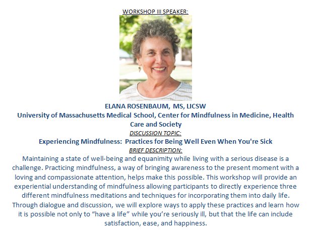 FriendsofMel's tweet image. Experience mindfulness practitioner ELANA ROSENBAUM at next week's CONFERENCE: The Art of Living-Life Beyond Cancer: goo.gl/ivbUR8