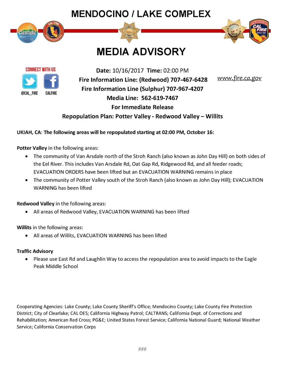 MendoSheriff's tweet photo. REPOPULATION ORDER - Van Arsdale Rd, Oat Gap Rd, Ridgewood Rd, and all feeder roads #MendocinoLakeComplex https://t.co/InI2SWvZGA