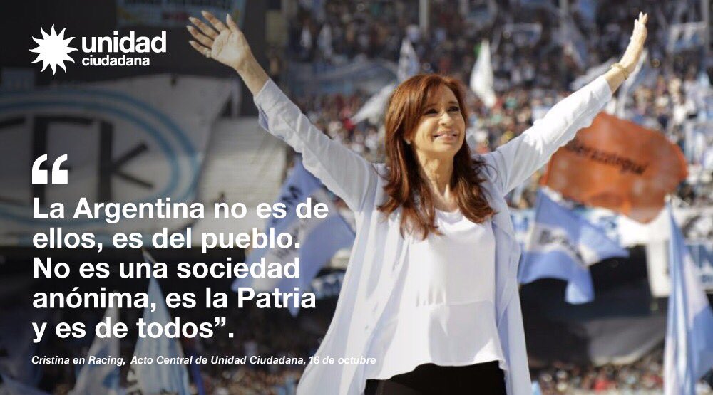 argconcristina's tweet photo. “La Argentina no es de ellos, es de todos”. #CristinaEnRacing https://t.co/pZ0HMMzN71