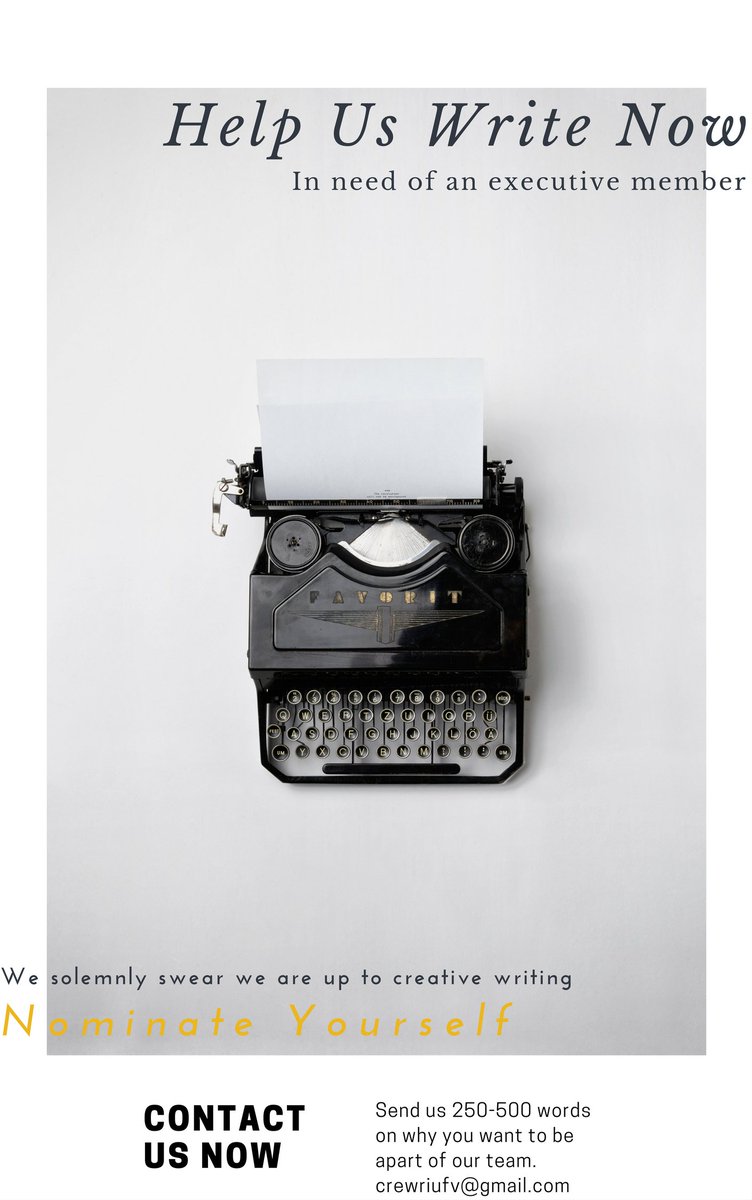 crewriufv's tweet photo. Attention Scribes and Scribbles! We need to fill an executive position.  Email us if you are interested in helping to run CreWri! https://t.co/QABAFRsFgJ