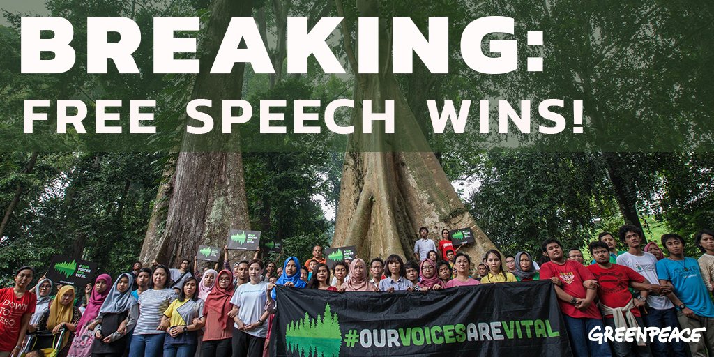Greenpeace's tweet photo. Lawsuit on @Greenpeace and @Stand is dismissed! Now let's get to what matters: protecting forests https://t.co/EMARdrALCF #ourvoicesarevital https://t.co/w4GH6xVWFb