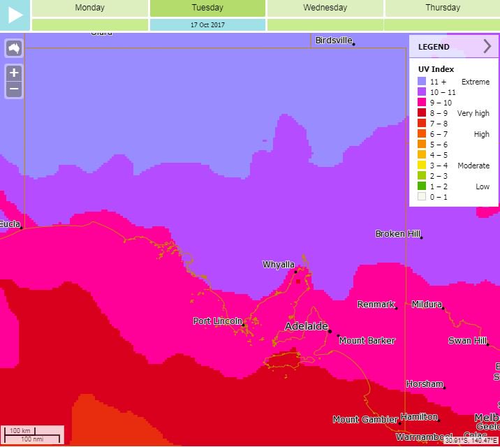 BOM_SA's tweet photo. SA UV forecast very high-extreme. Protect skin tips-slip/slop/slap/seek/slide. #Adelaide top of 32° https://t.co/fJJlj23CiK @CancerCouncilSA https://t.co/8KWKLDuCrb