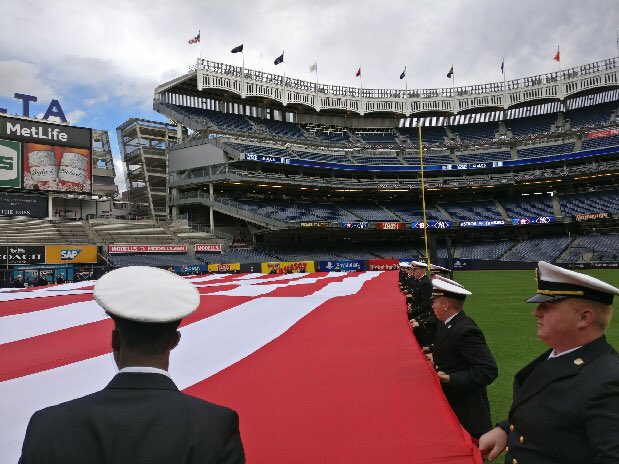 MaritimeCollege's tweet photo. Proud to show cheer for the @Yankees at tonight's game against the Astros. Thank you for letting us unfurl the 🇺🇸tonight! #bronxpride https://t.co/APUfLfqKjs