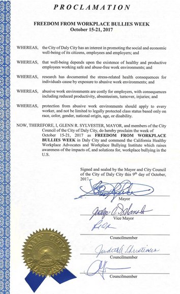 So proud of my colleagues on City Council signing recent Proclamation of "Stop Workplace Bullying" week.

 bullyfreeworkplace.org/2017-proclamat…