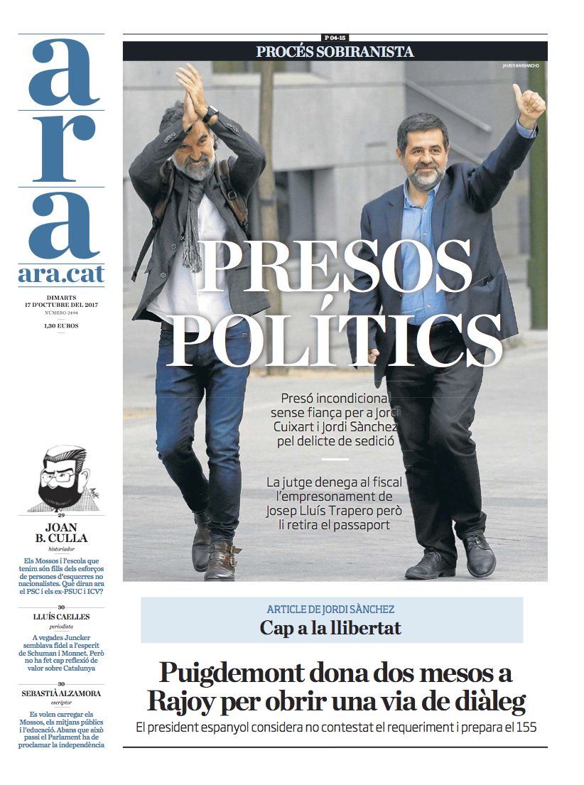 diariARA's tweet photo. "Presos polítics", portada de l'ARA https://t.co/MiYHi1W1Qm https://t.co/xommCZQPx2