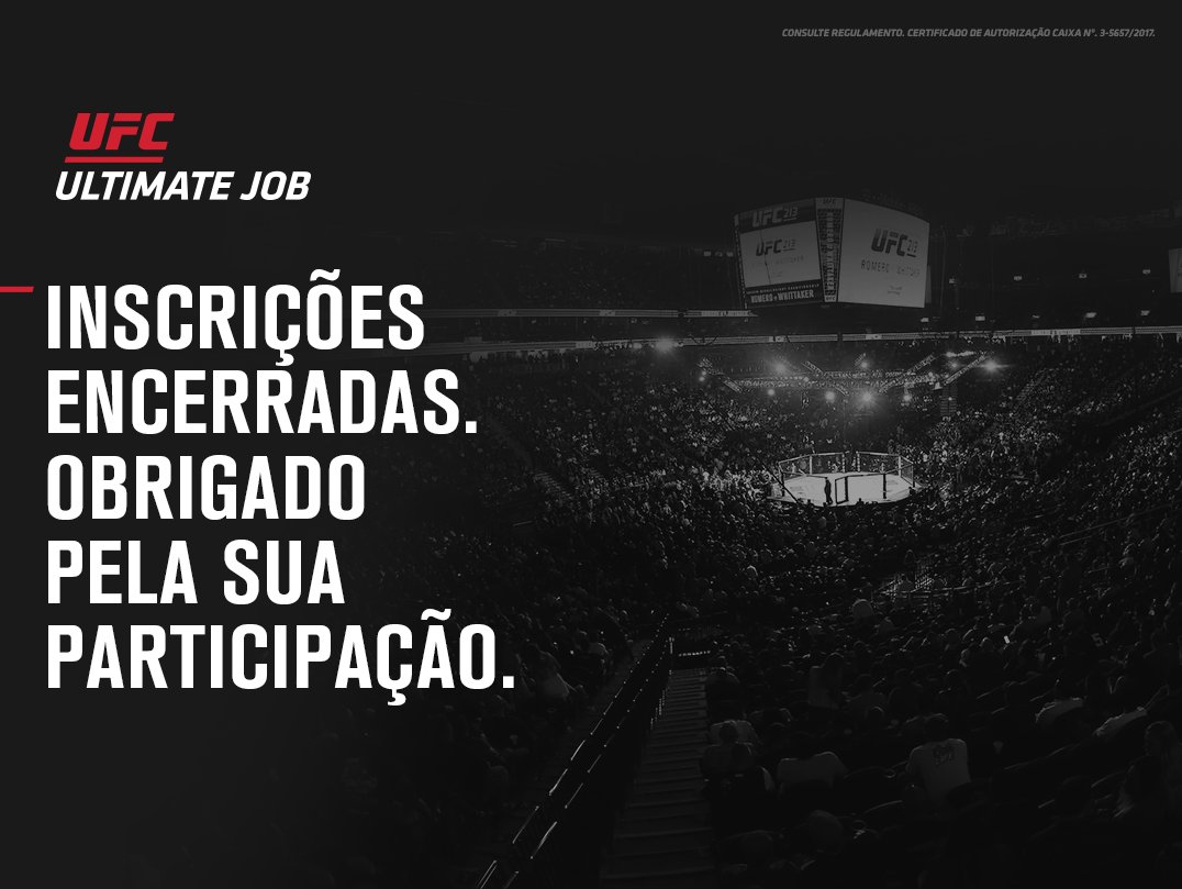 UFCBrasil's tweet photo. INSCRIÇÕES ENCERRADAS PARA O #ULTIMATEJOB
Acompanhe nossas redes sociais e veja tudo que vai rolar com os finalistas https://t.co/avrvjp2mxG