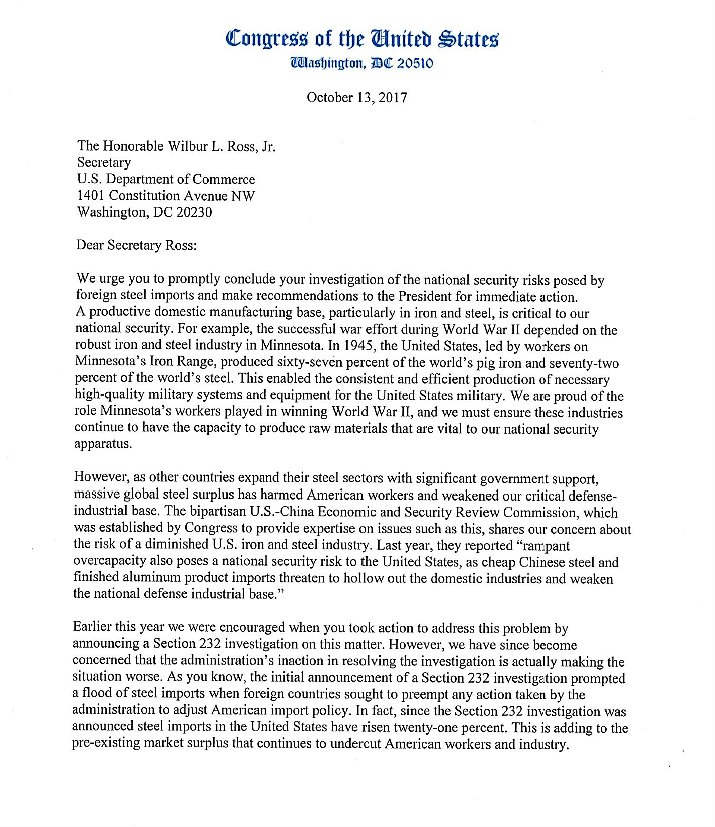 USRepRickNolan's tweet photo. Today I joined my Sen. colleagues @amyklobuchar and @alfranken in urging @WilburRoss to act on #SteelDumping. https://t.co/v01wfilo3I