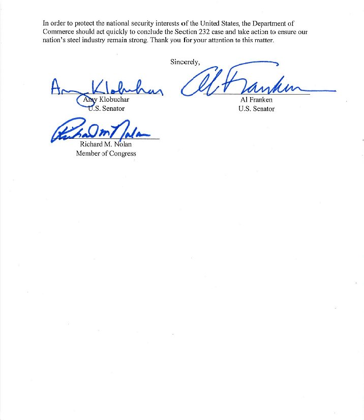 USRepRickNolan's tweet photo. Today I joined my Sen. colleagues @amyklobuchar and @alfranken in urging @WilburRoss to act on #SteelDumping. https://t.co/v01wfilo3I