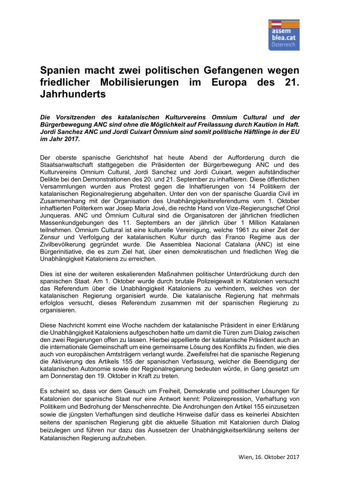 ANCAustria's tweet photo. Spanien macht zwei politischen Gefangenen wegen friedlicher Mobilisierungen. Es ist nur der erste Schritt. #Katalonien #Demokratie https://t.co/TVfdv0jcNJ