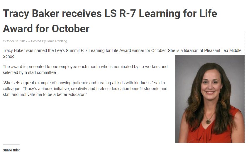 LSR7Libraries's tweet photo. Congratulations Tracy Baker! Well deserved!!! #r7proud #lsr7libraries https://t.co/yjgmOMUEY7