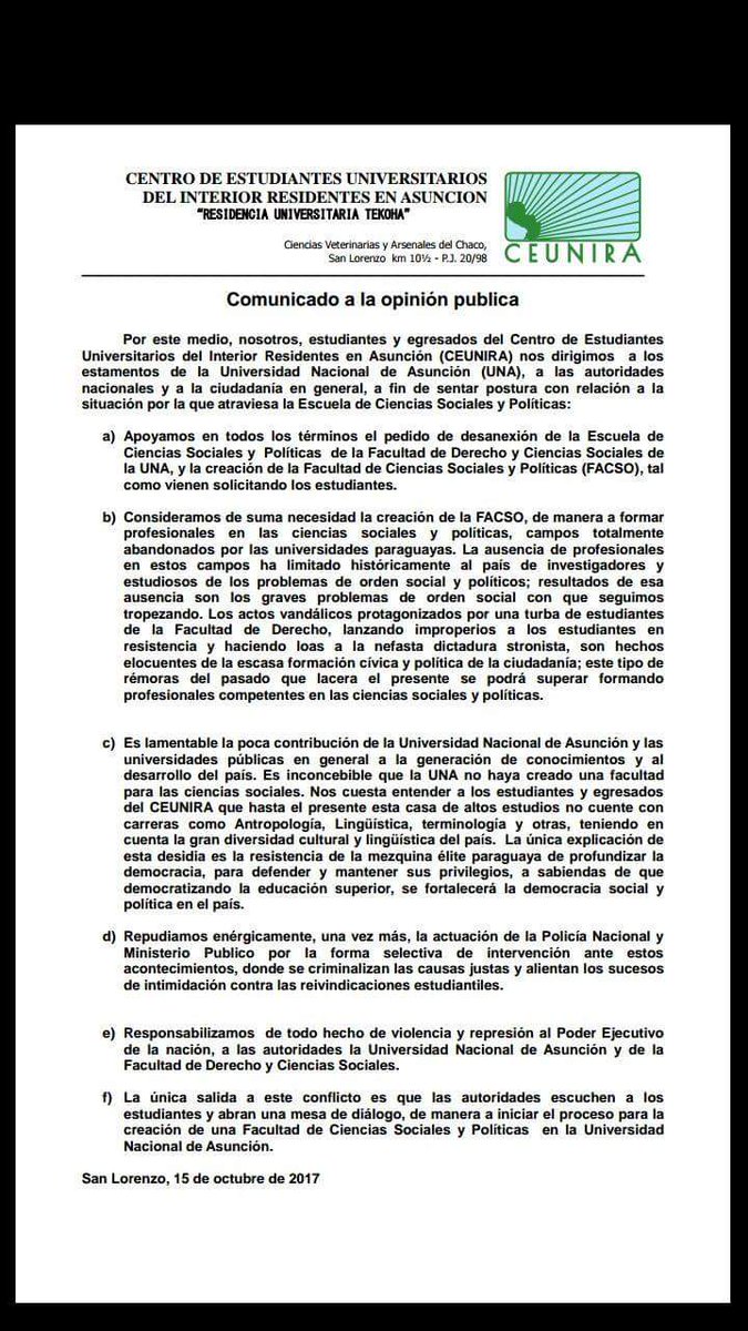 SomosFACSOpy's tweet image. Comunicado a la opinión pública del Centro de Estudiantes Universitarios del Interior Residentes en Asunción (CEUNIRA). ¡Gracias!#SomosFACSO