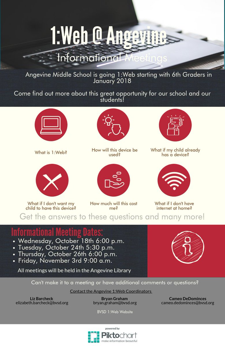AngevineMS's tweet photo. Attn 6th Grade Parents @AngevineMS is going to be a 1:Web school.  What does that mean for you?  Find out at one of our upcoming info. mtgs. https://t.co/is86giQFV6