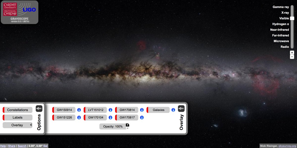 LIGO's tweet photo. Explore the locations of #GravitationalWaves detections made by @LIGO/@ego_virgo, overlaid on sky, now w #GW170817 https://t.co/9JsIsduPXv https://t.co/TtHloYRQCt