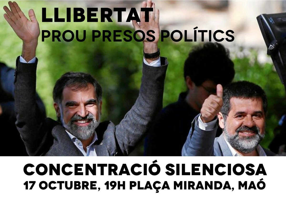 acampadamenorca's tweet photo. #LlibertatJordis demà a Plaça Miranda de Maó a les 19:00h. #LlibertatCuixartSanchez https://t.co/ndJkLfSdS6