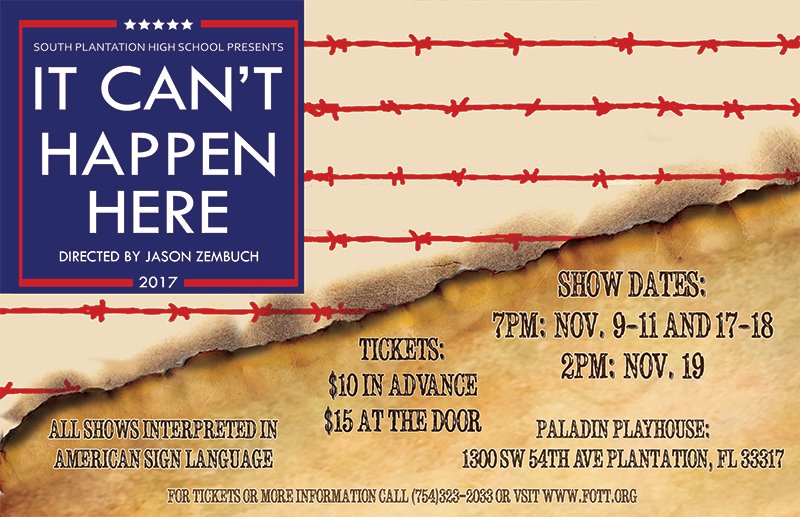 SPHSFOTT's tweet photo. The Paladin Players present Sinclair Lewis' "It Can't Happen Here". Come support the theater arts in education. Be challenged. #SPHSFOTT https://t.co/IJx2TbbWbL