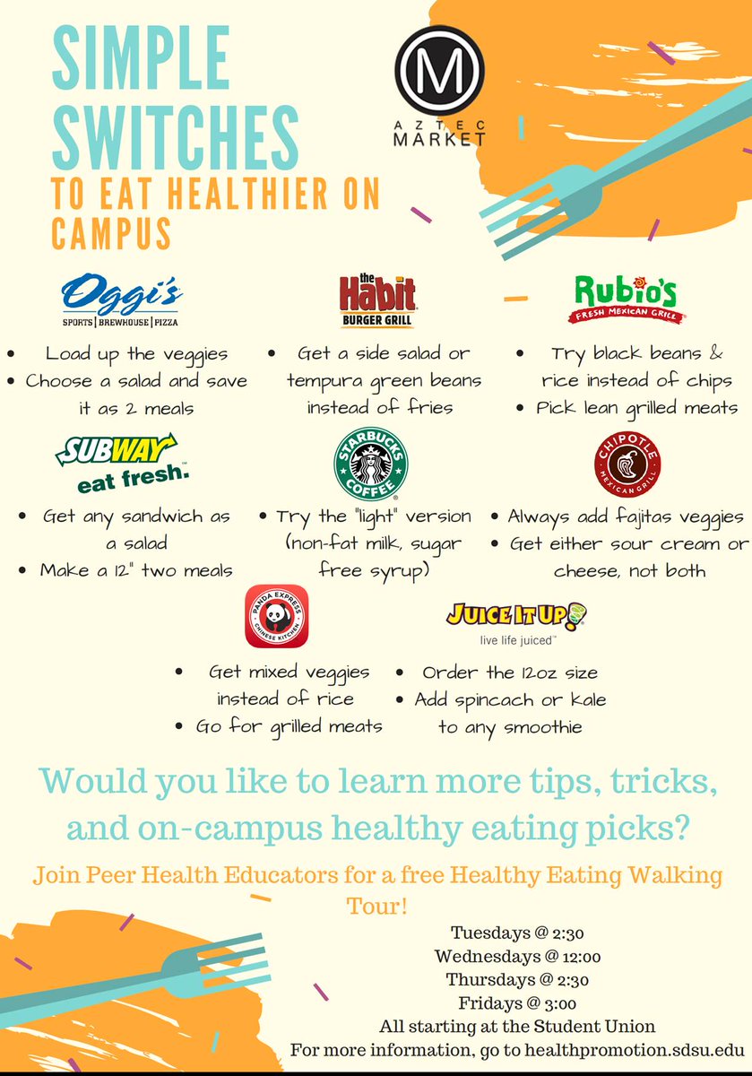 SDSUwellbeing's tweet photo. Join us for a Healthy Eating Walking Tour & learn how/where to eat healthier on campus! #AztecNutrition #SDSUHealthPromotion #LiveWellAztecs https://t.co/opG4Z5ZkJ5