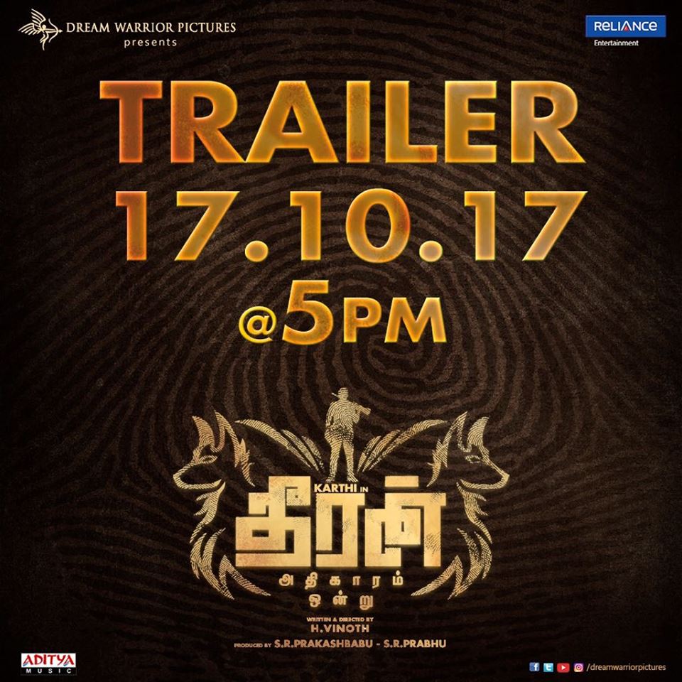 Fatninjaco's tweet photo. #TheeranAdhigaramOndru &amp; #Khakee's Trailer from 5pm Today!
#Karthi &amp; #RakulPreetSingh starrer directed by #Vinoth
Subtitled by @Fatninjaco! https://t.co/m5ukPCharV