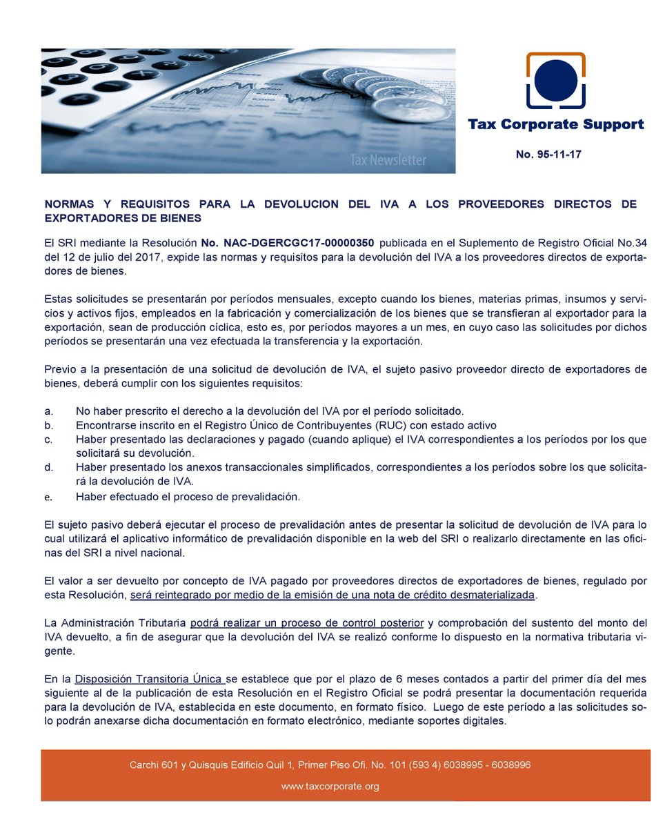 TaxCorporateSup's tweet photo. Normas y requisitos para la Devolución del IVA a los proveedores directos de Exportadores de Bienes https://t.co/mYboCJ89F8
