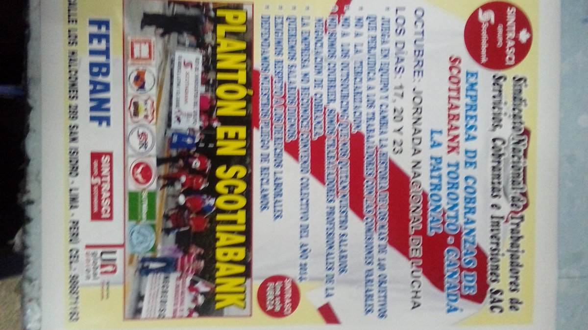 Pedro96850381's tweet photo. TRABAJADORES DE SINDICATO DEL GRUPO SCOTIABANK EN PIE DE LUCHA.PLANTÓN EN SAN ISIDRO LIMA PERÚ DÍA 17,20 y 23 de octubre. https://t.co/TmkjSLNRF1