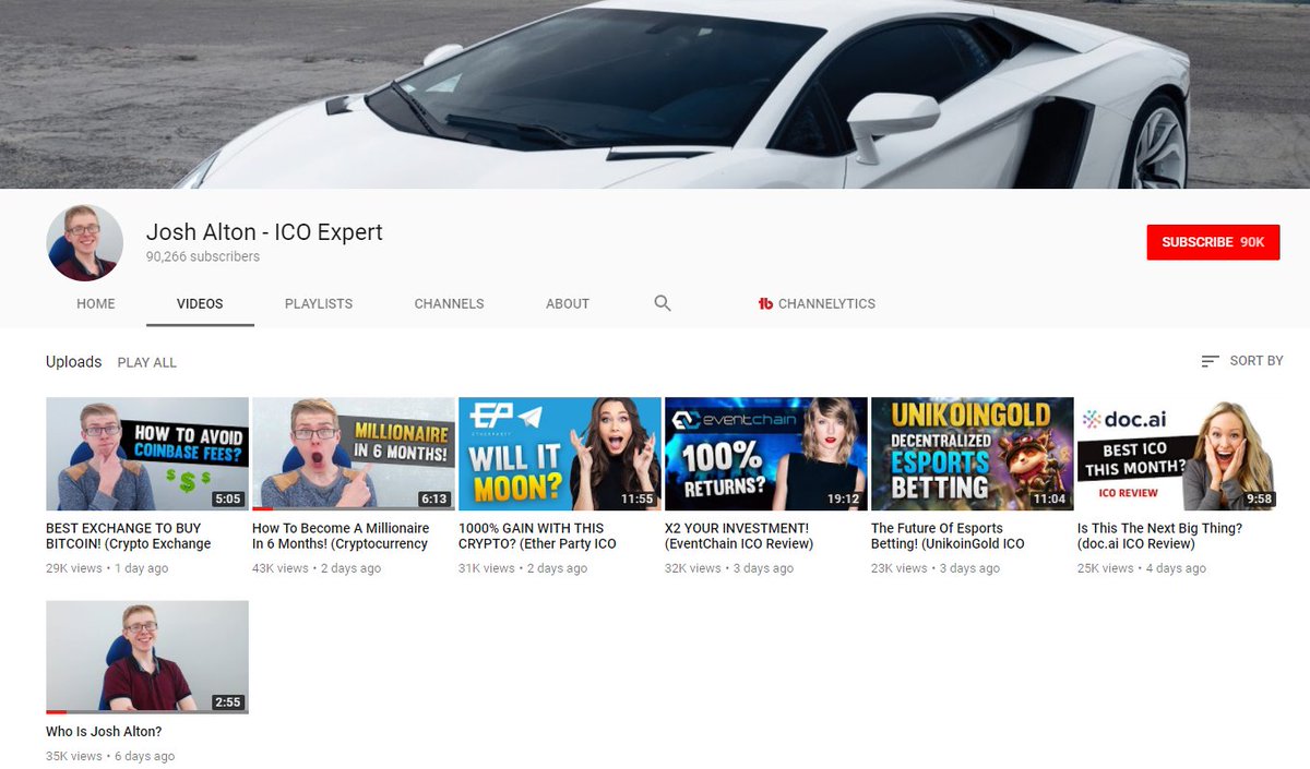 crypto_bobby's tweet photo. I'm no YouTube analytics expert, but getting 90k subs in 6 days on 180k views seems like a FISHY ratio to me... #IcoExpert #lambo https://t.co/aZWfVmI0MX