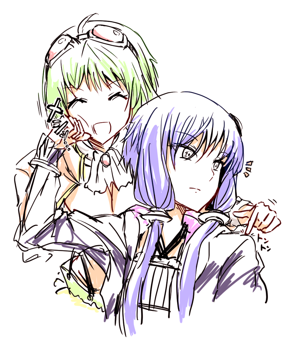 gumi ,yuzuki yukari multiple girls 2girls goggles green hair purple hair short hair with long locks goggles on head  illustration images