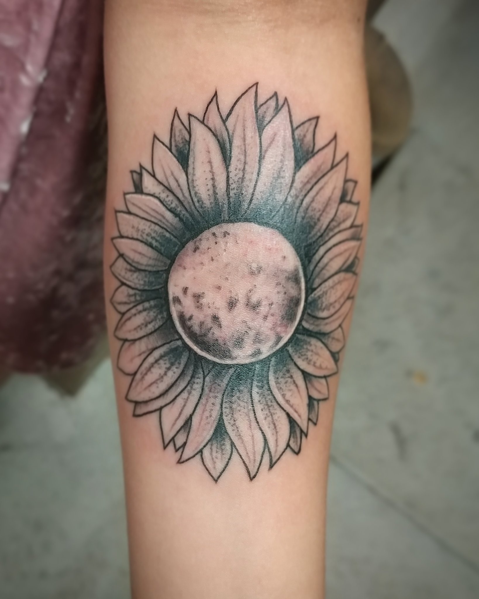 Tattoo uploaded by Laetitia Coleman  Dot work this costumer wanted her  favorites flowersroseazaleaand sunflowerwith a moon i came up with  this drawing for her to fit her forearm  Tattoodo