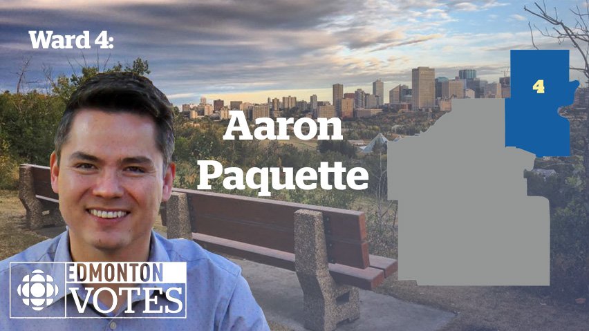 CBCEdmonton's tweet photo. CBC decision desk projects that Aaron Paquette will be the winner in Ward 4. He's 1st Indigenous councillor since '60s #yegvote #yegcc #yeg https://t.co/M51z6oTYC0