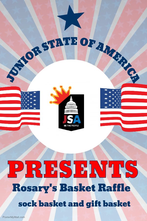 rosaryJSA's tweet photo. Attention all Royals! We will be selling tickets for the gift baskets during break and lunch. $1 for one ticket and $5 for six tickets! 🇺🇸 https://t.co/gBMCJ5dfN5