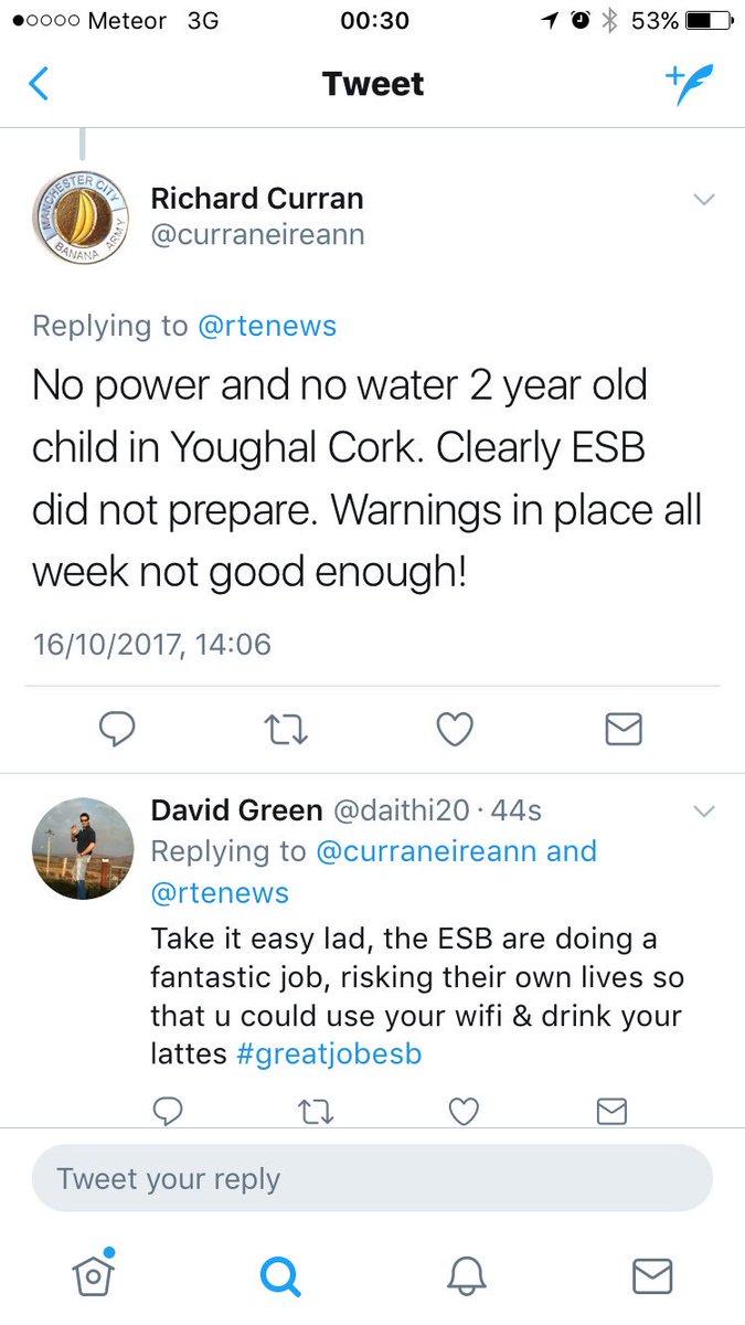 daithi20's tweet photo. Big shout out to the hard working crew at the ESB, we appreciate all the hard work that ye are doing, unlike this clown below #stormOpheila https://t.co/hpPsmIK5qU