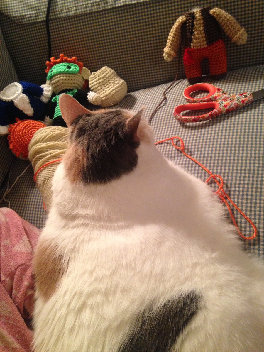 Daisy_Hills's tweet photo. When you're trying to crochet but someone hijacks your yarn. And your lap. #frumpycat https://t.co/1RJdohpLeD