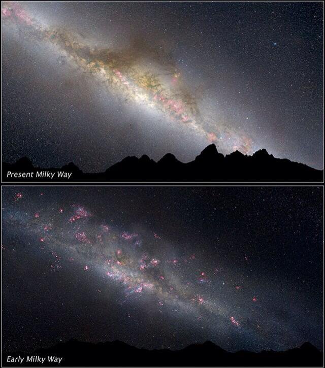 unkownspace_'s tweet photo. 【11億年前の天の川はピンクの色をしていた】 星たちが誕生する過程で見られる燃え盛る嵐がピンク色に光り、誕生間もない若い恒星たちが青く輝いている 画像は上が現在で下が11億年前です https://t.co/8bVX2zbOMY