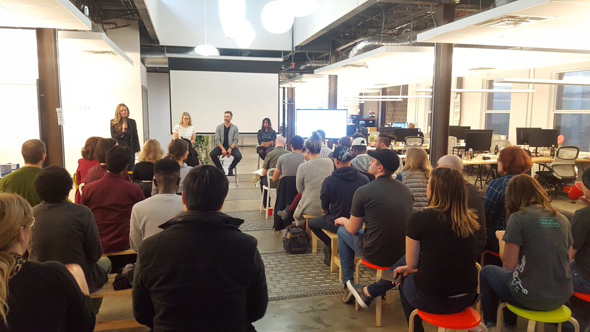 Great turnout at JobberHQ for #ItsInOurCode, a panel on diversity and inclusion in #yegtech. Lots of voices for an important topic! #yegsw17