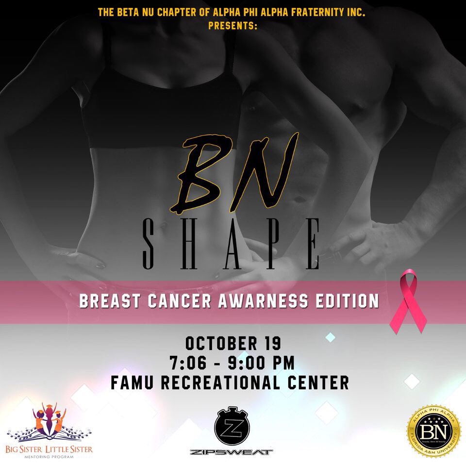 BSLSFAMU's tweet photo. Come join the Brothers of Beta Nu & the Sisters of BSLS this Thursday @ 7:06pm in FAMU’s Rec Center to be a part of BN Shape fitness class as well as raising awareness for those fighting against breast cancer‼️ #BNShape https://t.co/mShUToF0tV