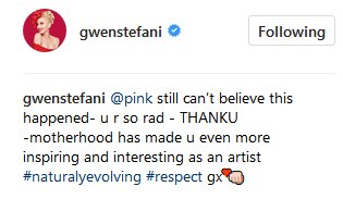 DailyGwen's tweet photo. Gwen posted a sweet message to @Pink on instagram! Who else would live for a collab between these two icons? @gwenstefani #BeautifulTrauma https://t.co/maUZ22qqDa