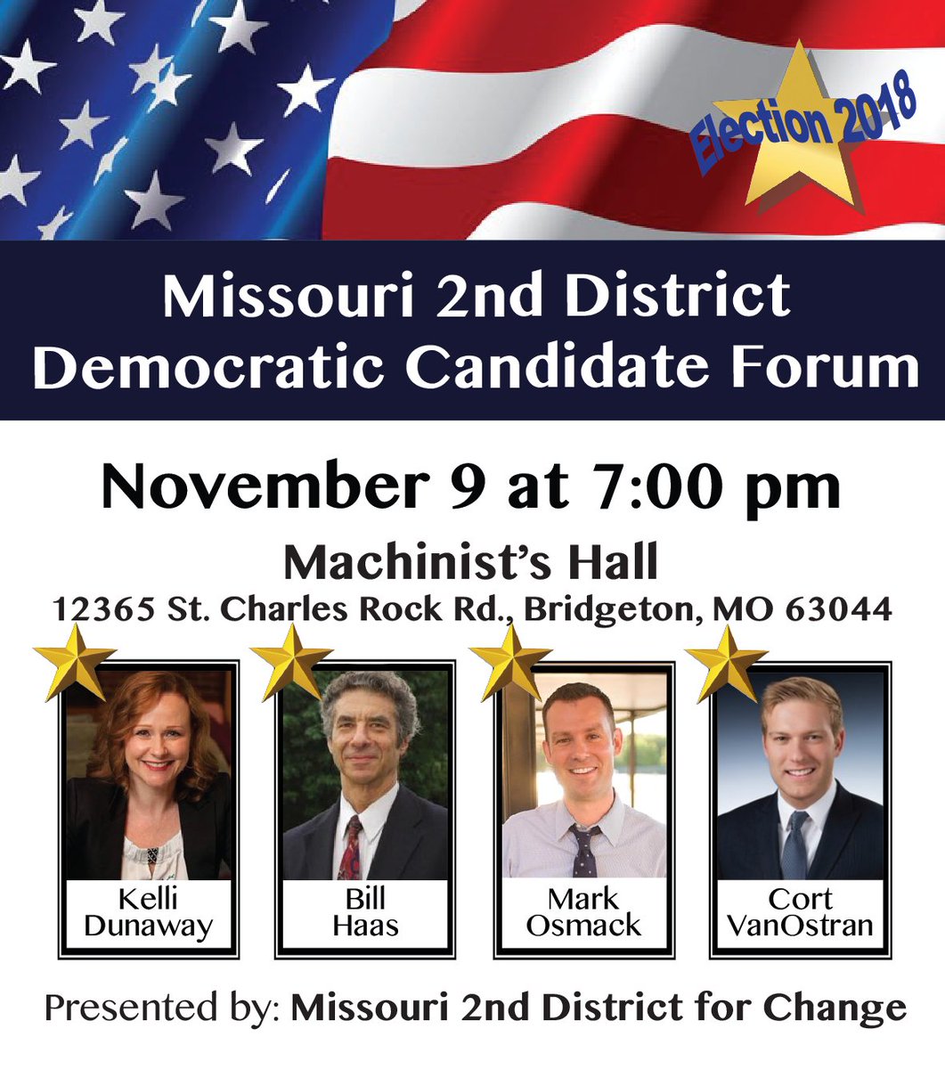 MO2ndDist4Chg's tweet photo. #ReadyForChange2018? #MO-02  Democratic Candidate Forum - Kelli Dunaway, Bill Haas, Mark  Osmack &amp; Cort VanOstran. https://t.co/FXxwBR3D7S https://t.co/3vVZZccsOZ