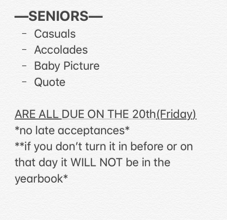 FBHSYearbook's tweet photo. Seniors, don’t forget that everything is due this Friday!!! Don’t miss out on being in the best yearbook yet!!! https://t.co/bdRSojhaVU