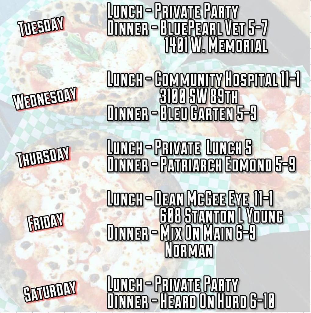SauceeSicilian's tweet photo. Schedule For The Week Saucee Heads #WoodFiredPizza #CallAFoodTruck #FoodTruck #GetSaucee #SauceandBalls #OKCFoodTruck #SauceeSicilian #OKCF… https://t.co/QAstq51Mt5