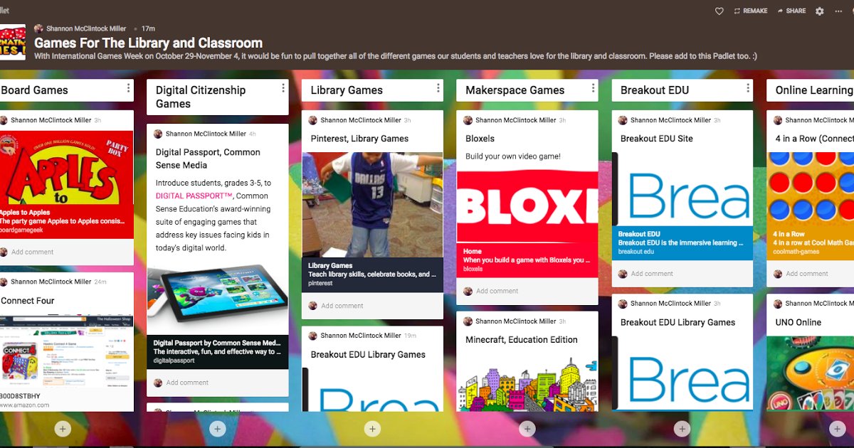shannonmmiller's tweet photo. Games For The Library and Classroom...Check Out This Padlet and share! https://t.co/tq42npRrM2 #futurereadylibs #tlchat #iowatl #gaming https://t.co/3SqBvXoHc2