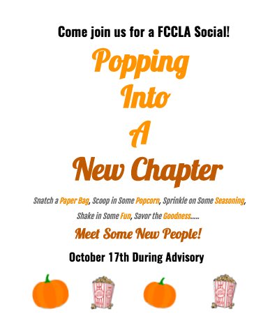 midlohsfccla's tweet photo. Popping into a new chapter Popcorn social is tomorrow during advisory! Paid members only! See you soon! 🍿 https://t.co/zTOtUF0lVQ