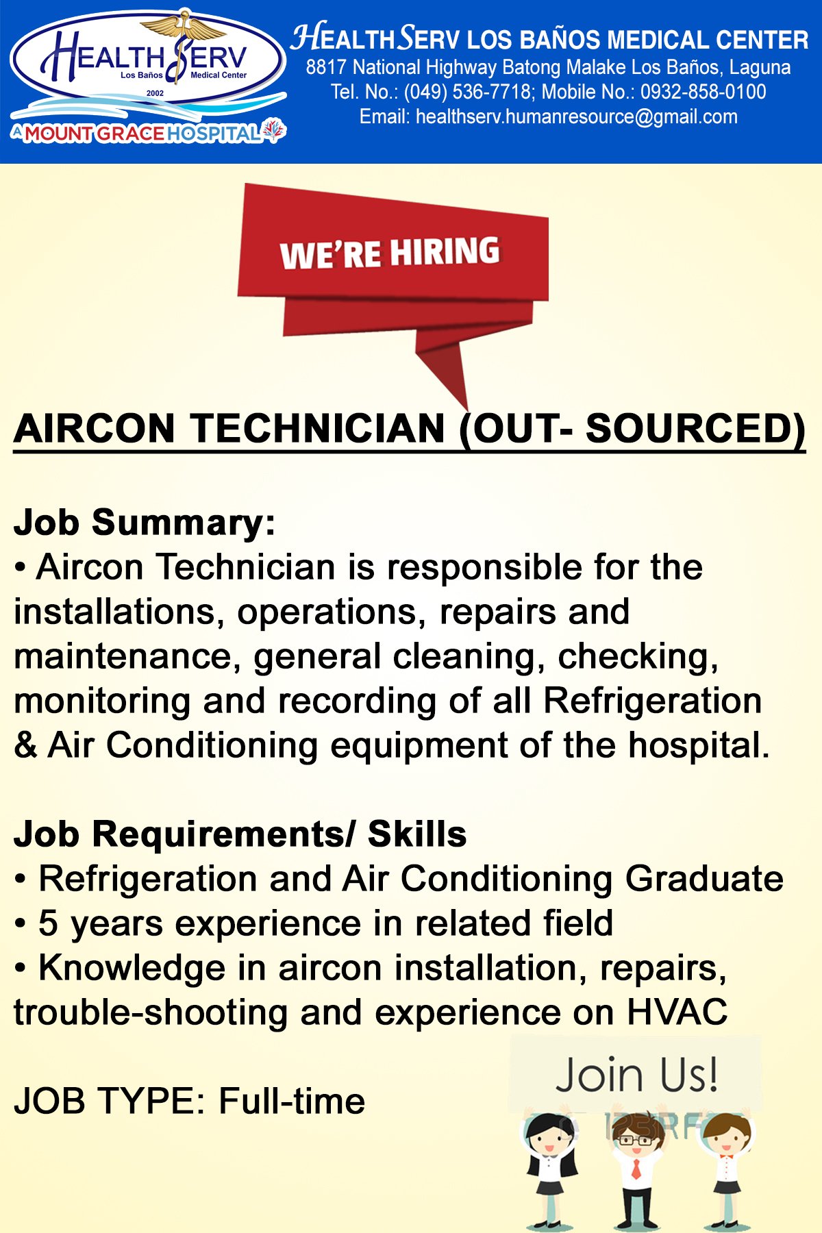 healthserv on X: We are hiring Aircon Technician (Out-Sourced)!  https://t.co/HpBbngE1xl / X