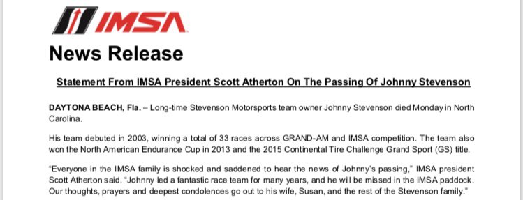 IMSA's tweet photo. A Statement from Scott Atherton on the passing of Johnny Stevenson. https://t.co/cXTmawoQh1