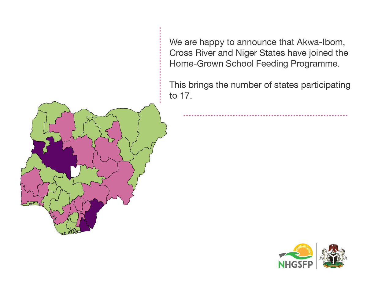 NHGSFP's tweet photo. 17.
The number is NOW 17.
Three more states have joined the Home-grown School Feeding Programme.
Akwa-Ibom, Cross-Riber and Niger.
#NHGSFP https://t.co/WD8M3eJuuM