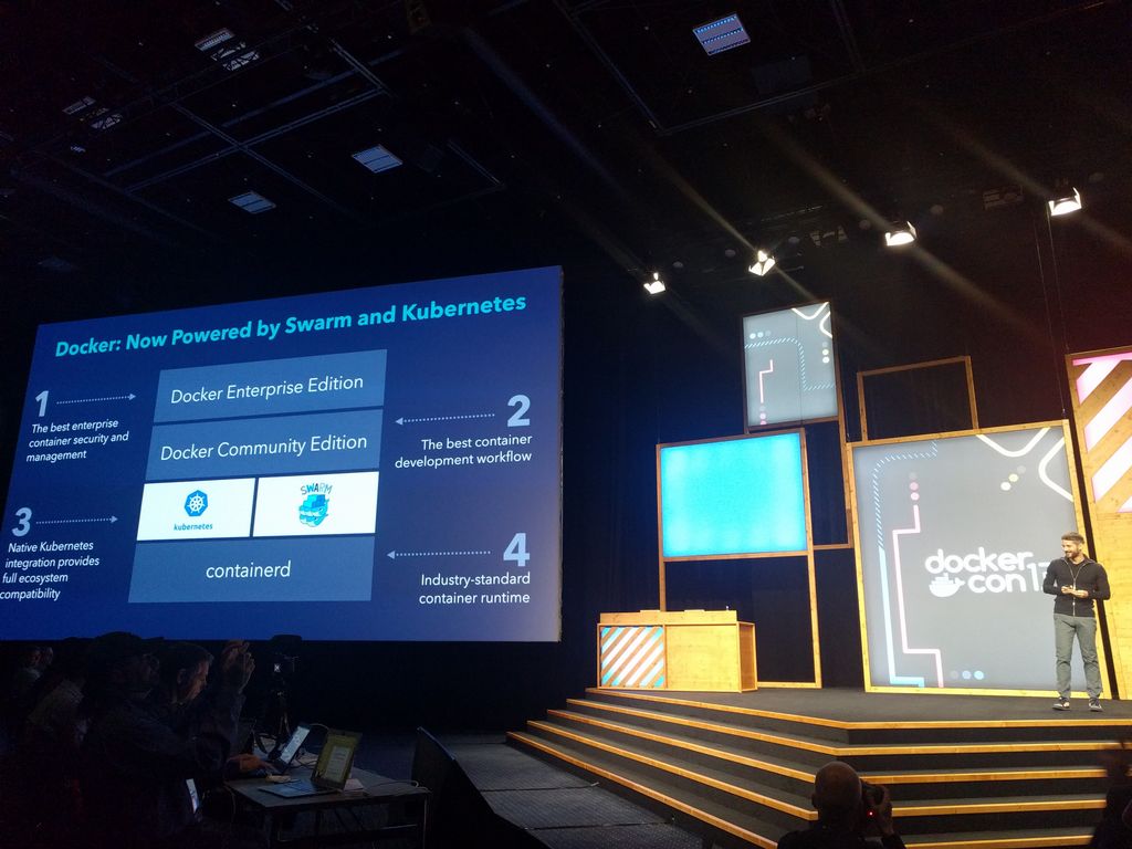 NicksHarvey's tweet photo. It's official!! @Docker will support native kubernetes in it's next release. Sorry @openshift that's checkmate. #Dockercon https://t.co/GJqRzqQYgI