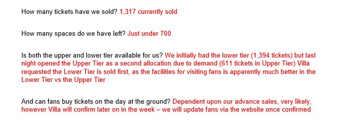 FulhamSuppTrust's tweet photo. Latest ticket update for Villa game as of this morning from @FulhamFC https://t.co/R3E9Keftha