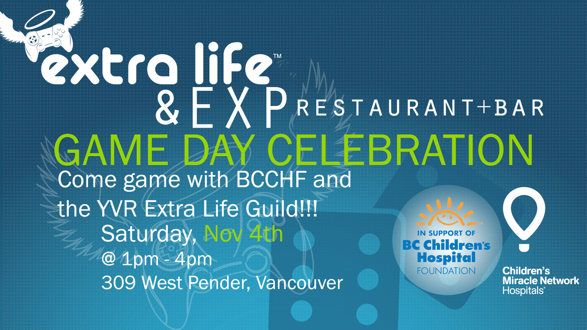 ExtraLifeYVR's tweet photo. @BCCHF &amp; @expbar are hosting a game day event w/ us on Nov 4. Details in the link! https://t.co/vHlCVeRInI 
#ExtraLife #FTK #YVR #Vancouver https://t.co/zAxxTHx1cm